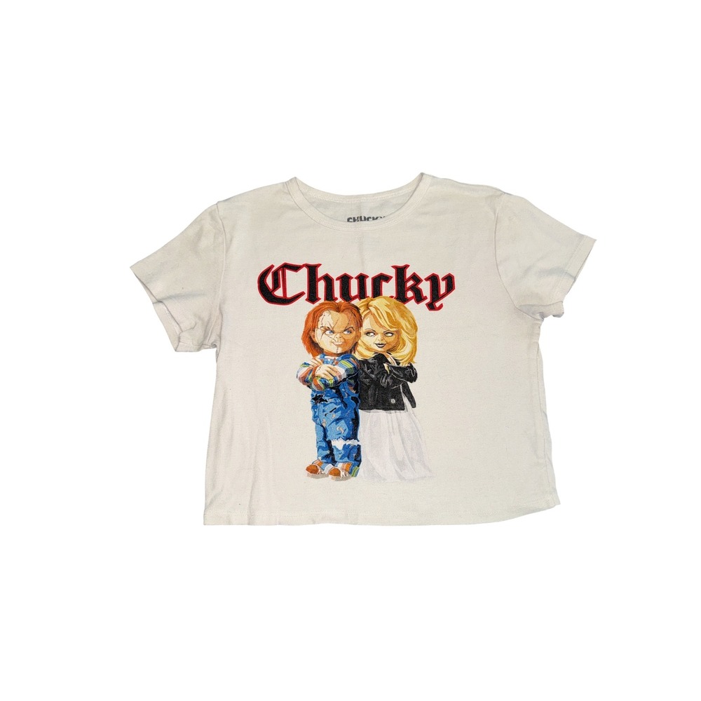 Chucky Tiffany Horror Graphic Crop Top Cream Womens Large Child's Play Movie Tee